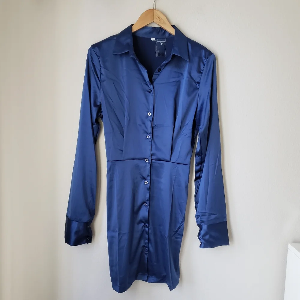 Sapphire Blue Long Sleeve Button Down Satin Effect Mini Dress - Picture 7 of 16